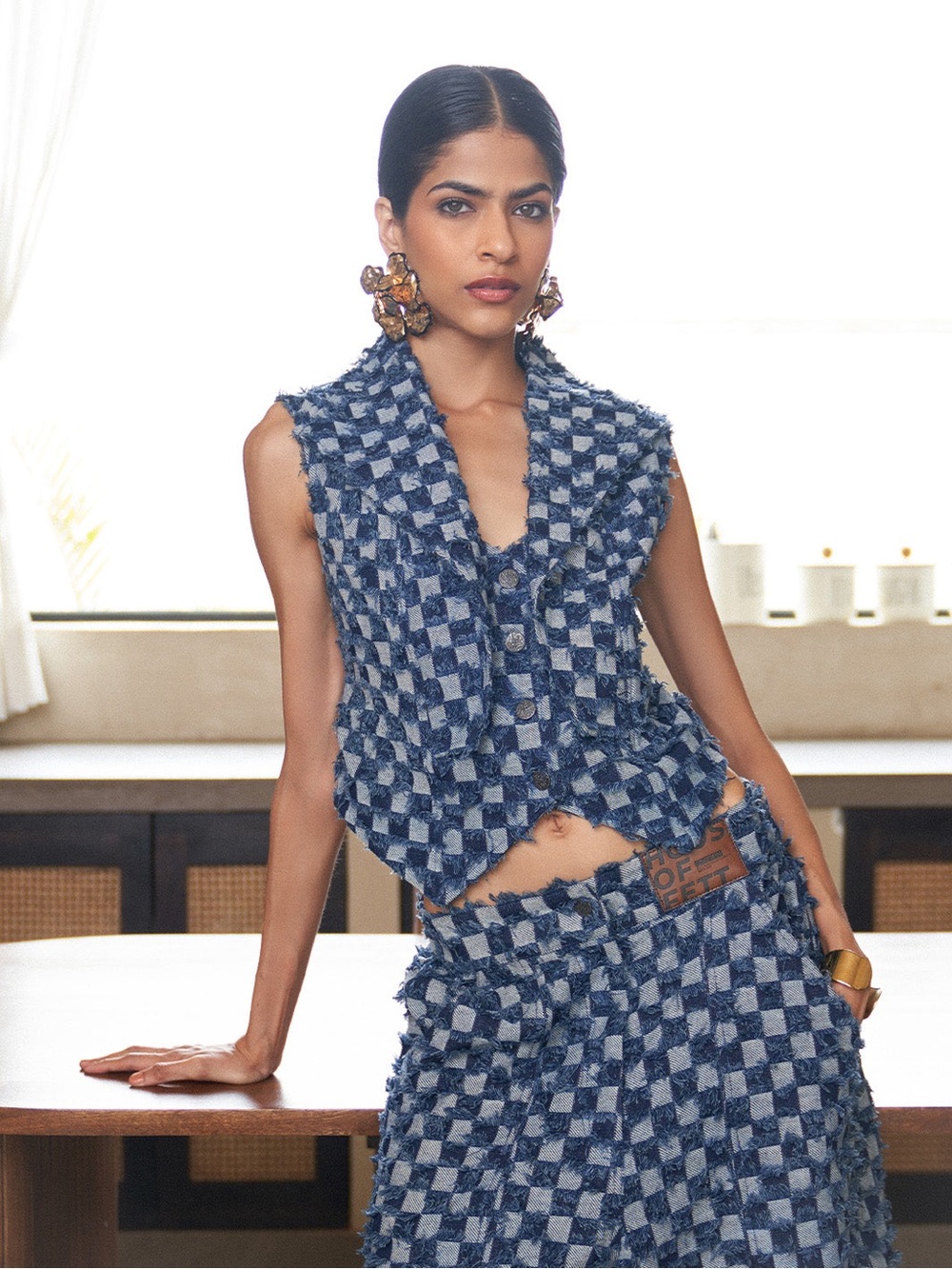 Frayed Check Tweed Sleeveless Vest in Blue